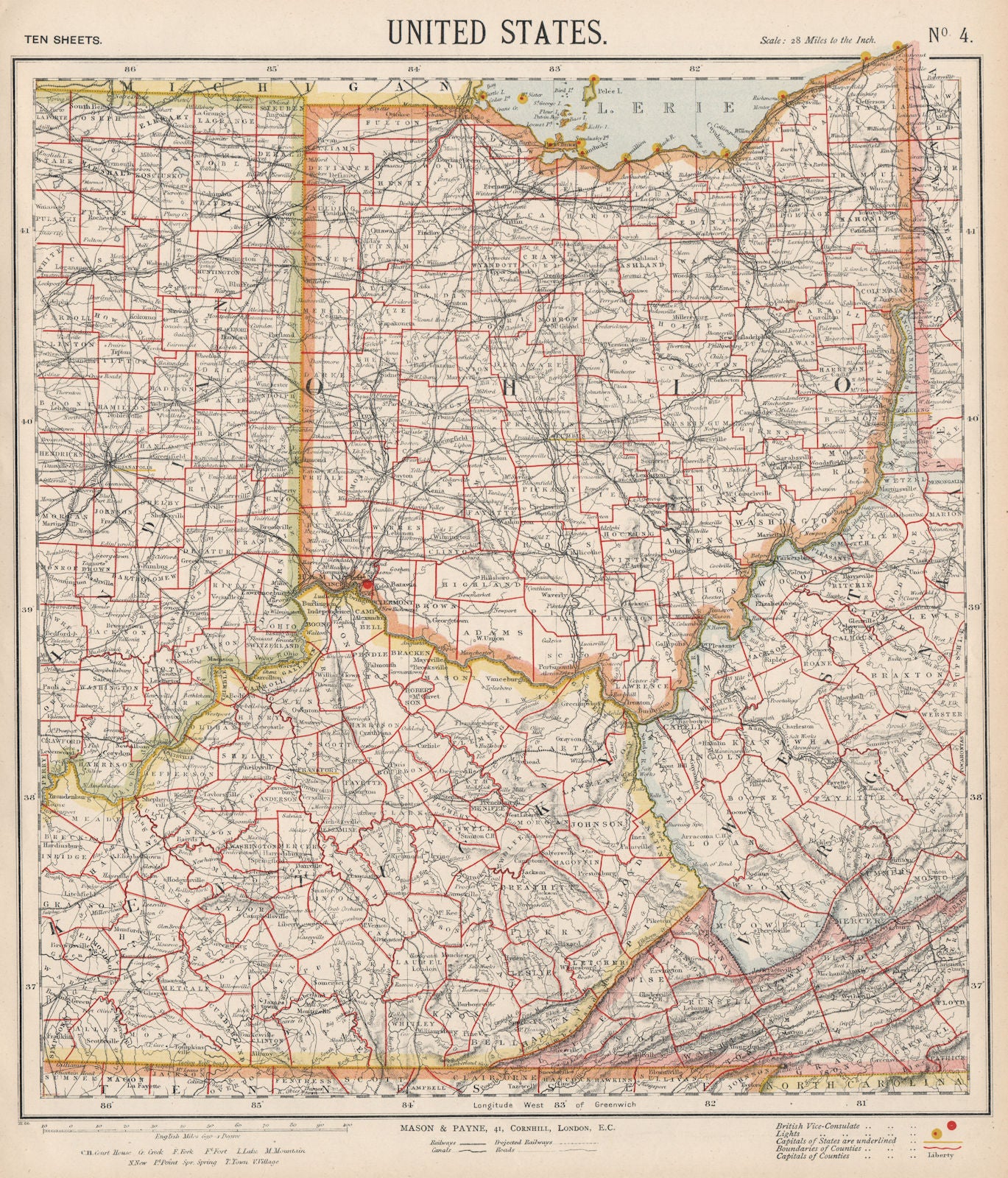USA. Ohio with parts of Kentucky, Virginia & Indiana. Railroads. LETTS 1889 map